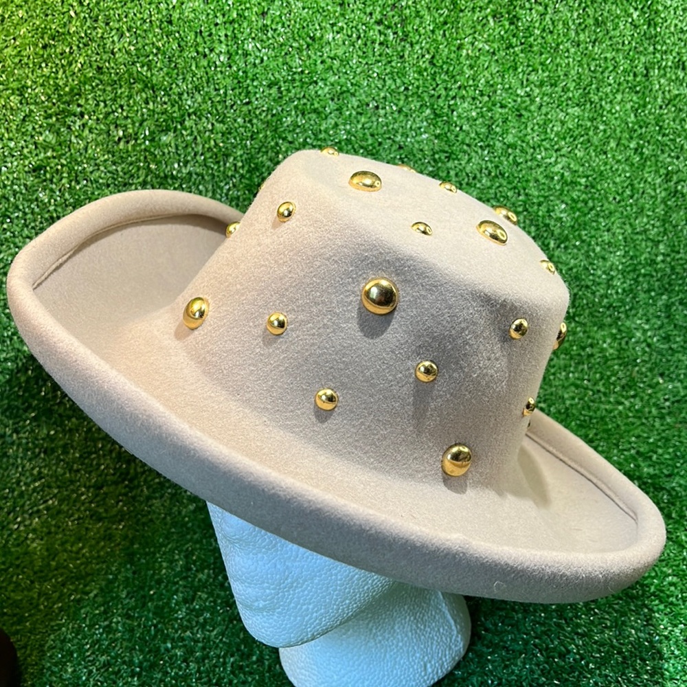 Vintage Bollman 100% Wool Doeskin Felt Wide Brim w/ Studs Fedora Hat LightbTan
